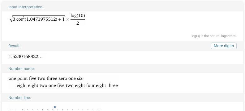 Калькулятор: sqrt(3·cos²(1,0471975512) + 1)·ln(10)/2