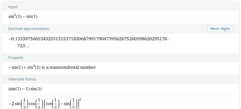 Калькулятор: sin²(1) − sin(1) — значення y(x) при x = 1