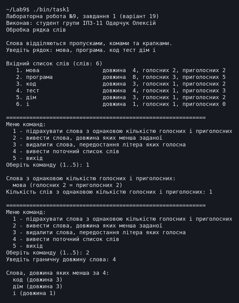 Екранна копія 1 (частина 1 з 2) — завдання 1: контрольний рядок українською та всі команди меню